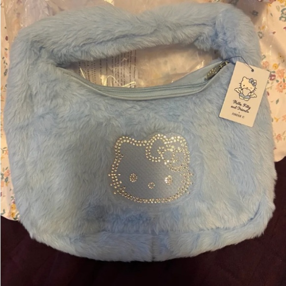 Hello Kitty X Forever 21 Rhinestone Bling Blue Furry Plush Bag Purse Sanrio NWT